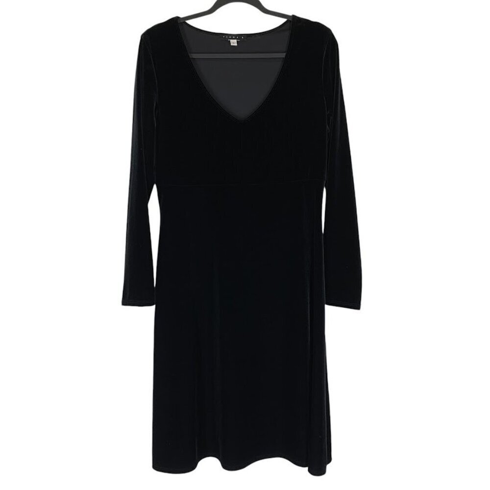 Tiana B Dress Black Velour V Neck Long Sleeve Size L Stretchy Whimsigoth Funeral
